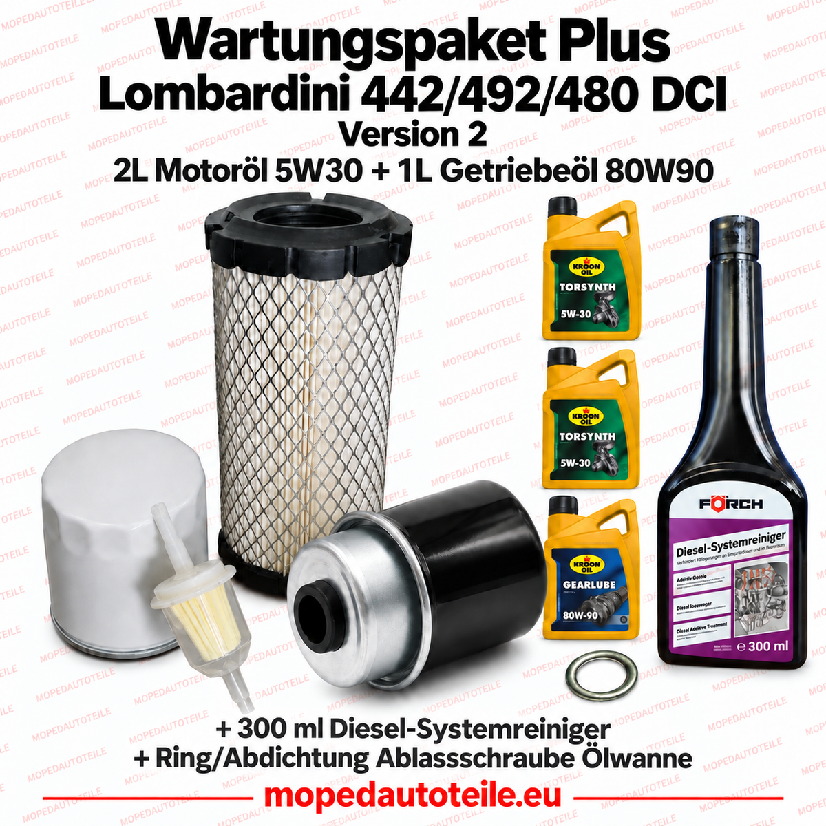 Kit de mantenimiento Plus Lombardini 442/492/480 DCI (versión 2) – juego de filtros + 2 L de aceite de motor 5W30 + 1 L de aceite de caja de cambios 80W90 + junta de estanqueidad + limpiador del sistema diésel — 95.0864.3C