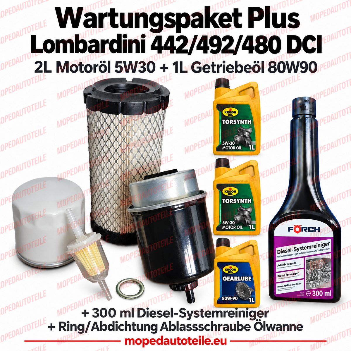 Kit de mantenimiento Plus Lombardini 442/492/480 DCI – juego de filtros + 2 L de aceite de motor 5W30 + 1 L de aceite de caja de cambios 80W90 + junta de estanqueidad + limpiador del sistema diésel — 95.0864.3C