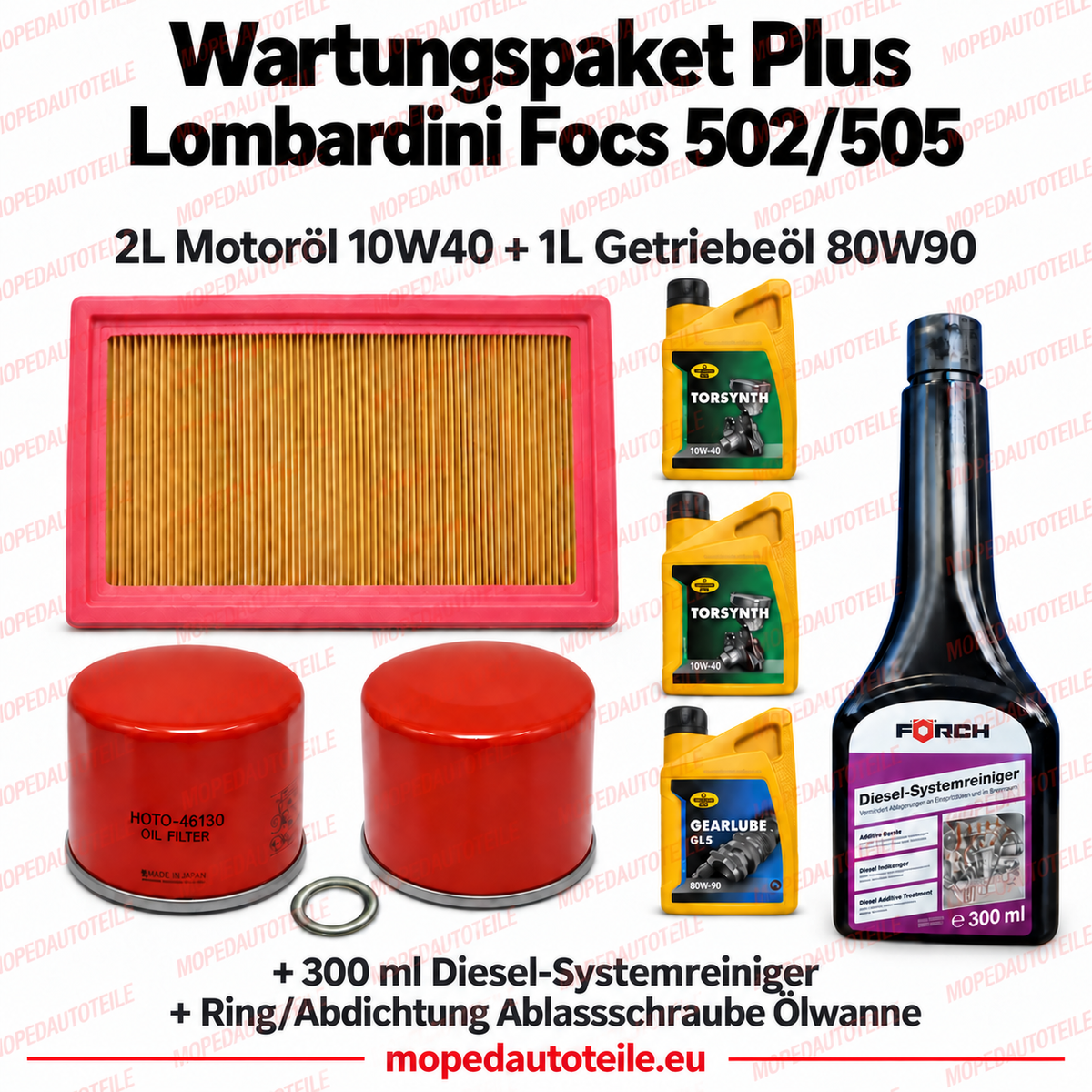 Kit de mantenimiento Plus Lombardini Focs 502/505 (Ambra / Stella / VX550) – juego de filtros + 2 L de aceite de motor 10W40 + 1 L de aceite de caja de cambios 80W90 + junta de estanqueidad + limpiador del sistema diésel