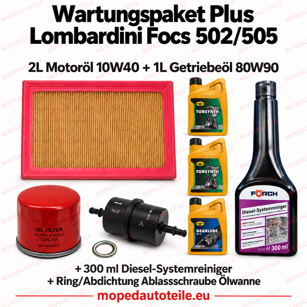 Kit de mantenimiento Plus Lombardini Focs 502/505 (Nova / MC1 / MC2) – juego de filtros + 2 L de aceite de motor 10W40 + 1 L de aceite de caja de cambios 80W90 + junta de estanqueidad + limpiador del sistema diésel