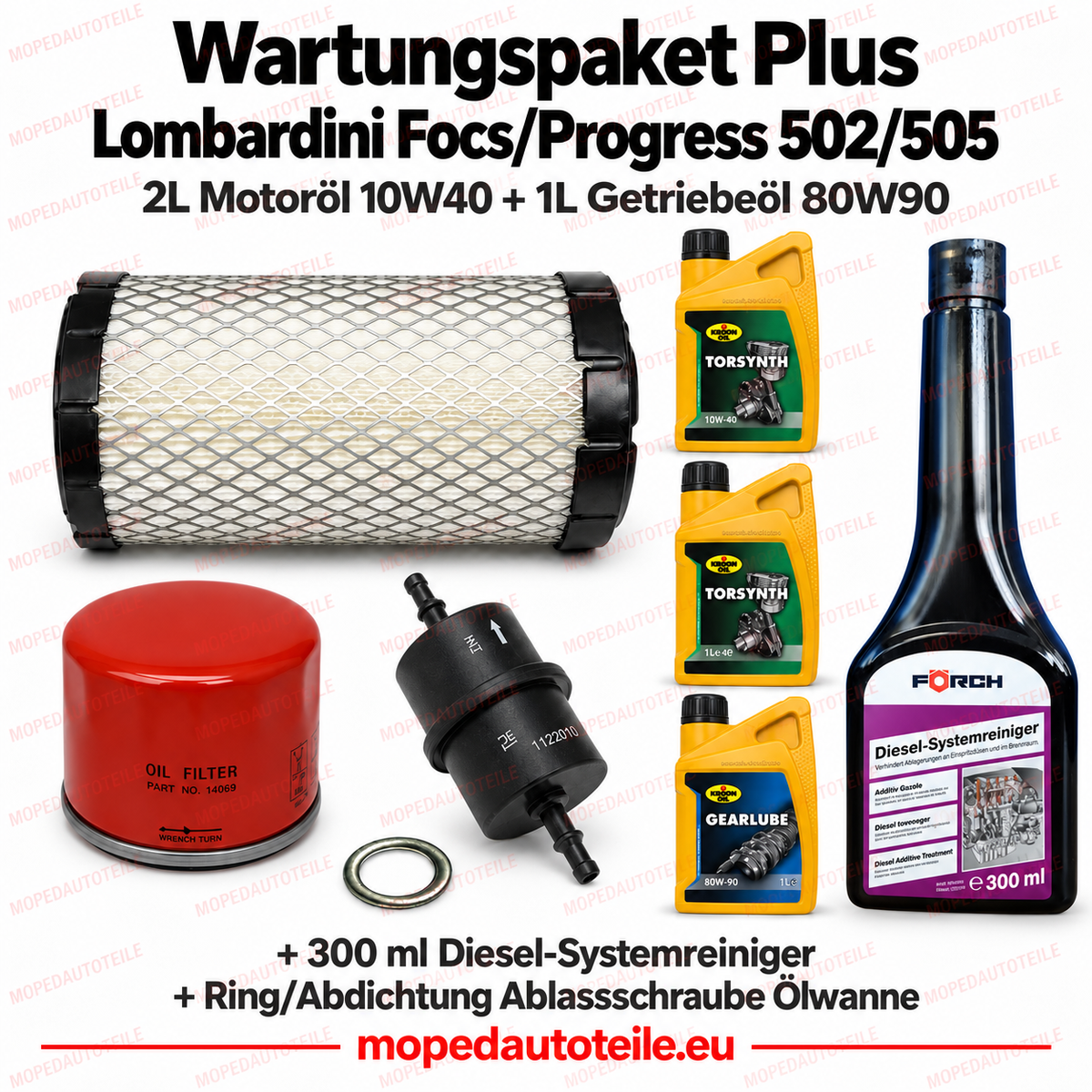 Service kit Plus Lombardini Focs/Progress 502/505 – filter kit + 2 L engine oil 10W40 + 1 L gearbox oil 80W90 + sealing ring + diesel system cleaner — 95.0864.3C