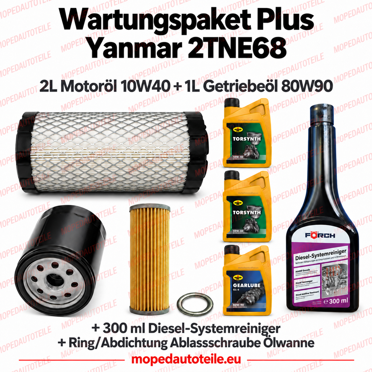 Kit de mantenimiento Plus Yanmar 2TNE68 (Microcar / Chatenet) – juego de filtros + 2 L de aceite de motor 10W40 + 1 L de aceite de caja de cambios 80W90 + junta de estanqueidad + limpiador del sistema diésel
