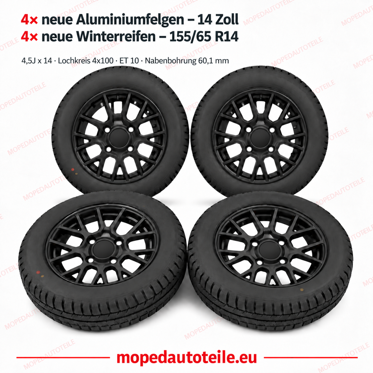 Satz aus 4 neuen schwarzen Aluminiumfelgen + 4 neuen Winterreifen – 14 Zoll – für Ligier und Microcar