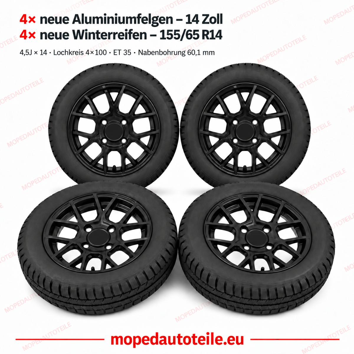 Lot de 4 jantes en alliage noires neuves et de 4 pneus hiver neufs de 14 pouces pour Chatenet (CH26/CH30/CH32/CH40/CH46)