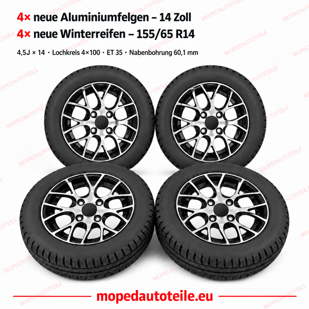 Set of 4 new alloy wheels and 4 new winter tyres, 14 inch, for Chatenet (CH26/CH30/CH32/CH40/CH46)