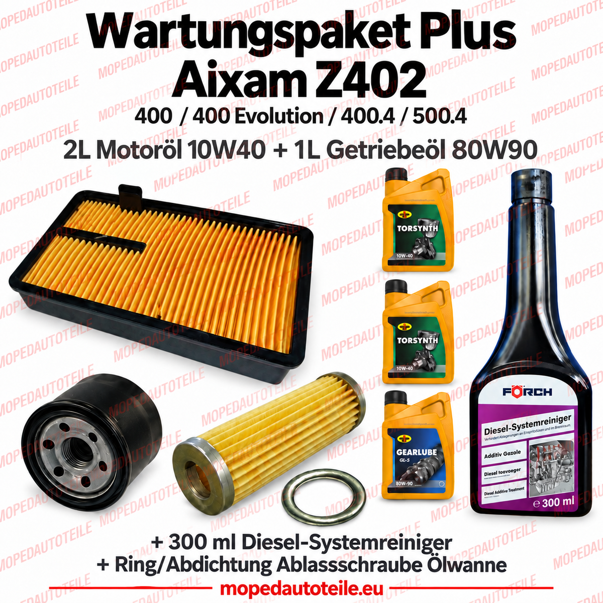 Wartungspaket Plus Aixam Z402 für 400, 400 Evolution, 400.4 und 500.4 mit Motoröl, Getriebeöl, drei Filtern, Dichtring und Diesel-Systemreiniger