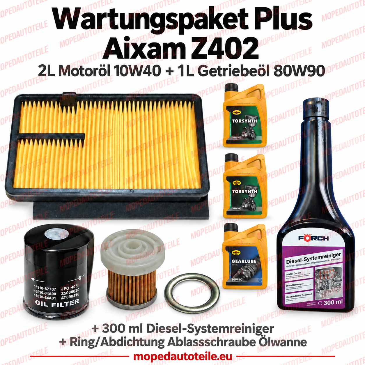 Wartungspaket Plus Aixam Z402 mit drei Filtern, 2L Motoröl 10W40, 1L Getriebeöl 80W90, Ring/Abdichtung Ablassschraube Ölwanne und 300 ml Diesel-Systemreiniger