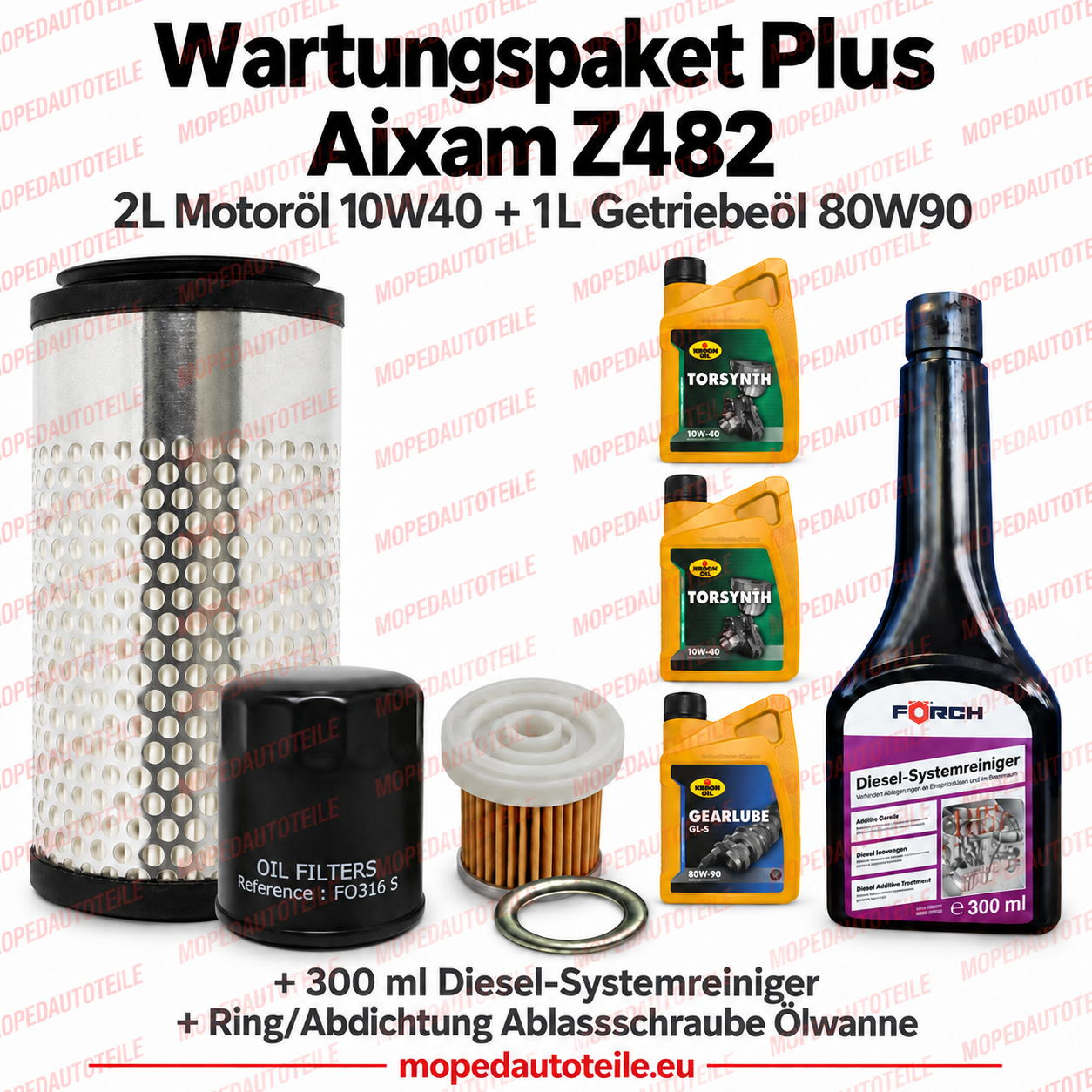 Wartungspaket Plus Aixam Z482 mit rundem Luftfilter, Ölfilter, Dieselfilter, 2L Motoröl 10W40, 1L Getriebeöl 80W90, Dichtring und 300 ml Diesel-Systemreiniger