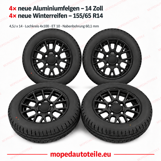 Satz aus 4 neuen schwarzen Aluminiumfelgen + 4 neuen Winterreifen – 14 Zoll – für Ligier und Microcar