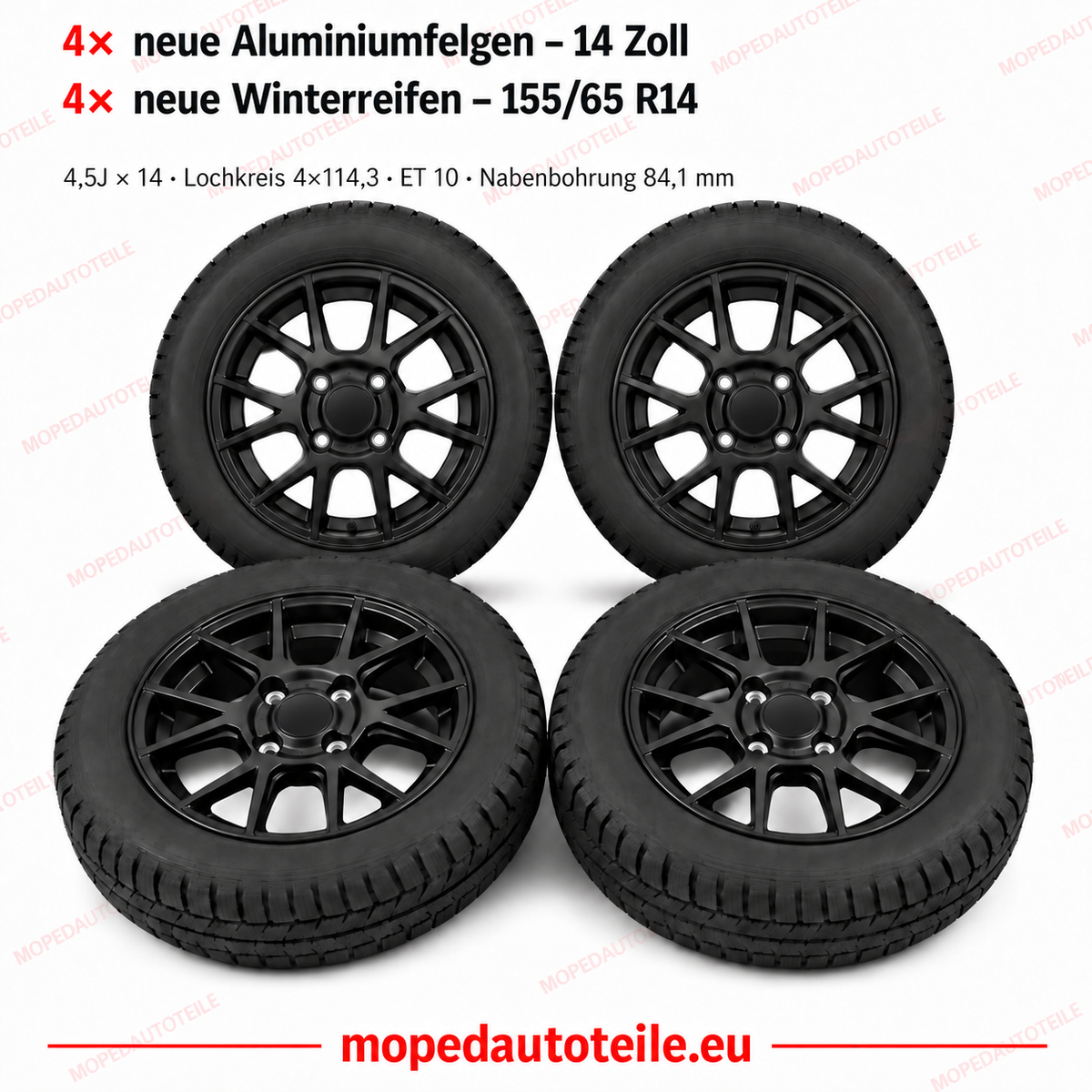 Set of 4 new black alloy wheels and 4 new winter tyres, 14 inch, for Aixam and Microcar